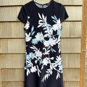 St John Dress & Jacket Set, Shadow Navy Floral Jacquard Knit Sz 2 Navy